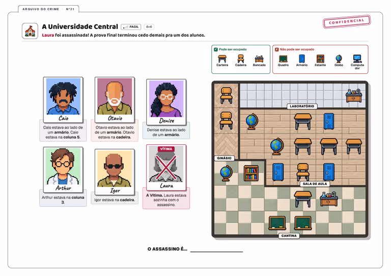 Caso da Universidade Central, fácil 6x6, com alunos, pistas e mapa do campus